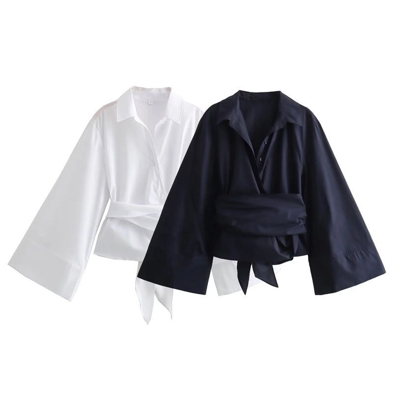 Tie Front Shirt - بلوزات كيمونو نسائية بأكمام طويلة ،