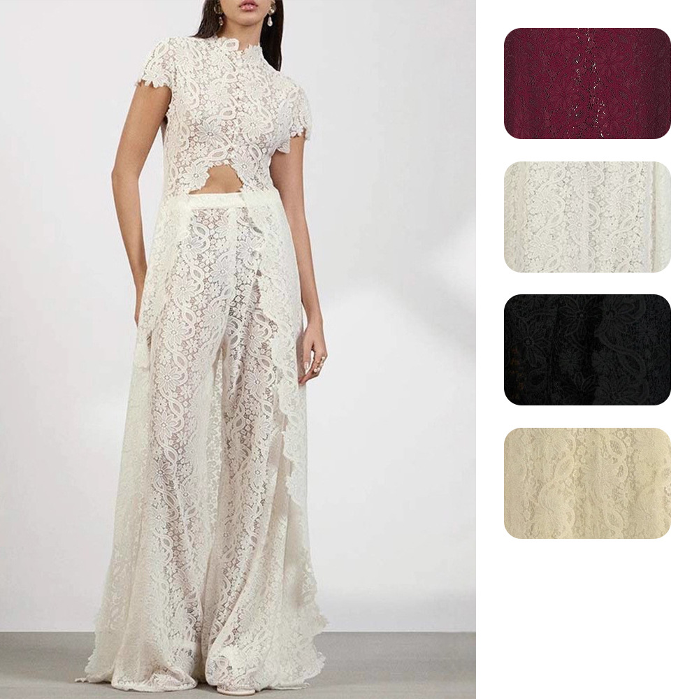 Palazzo Pant Wide - طقم نسائي من قطعتين من الدانتيل،