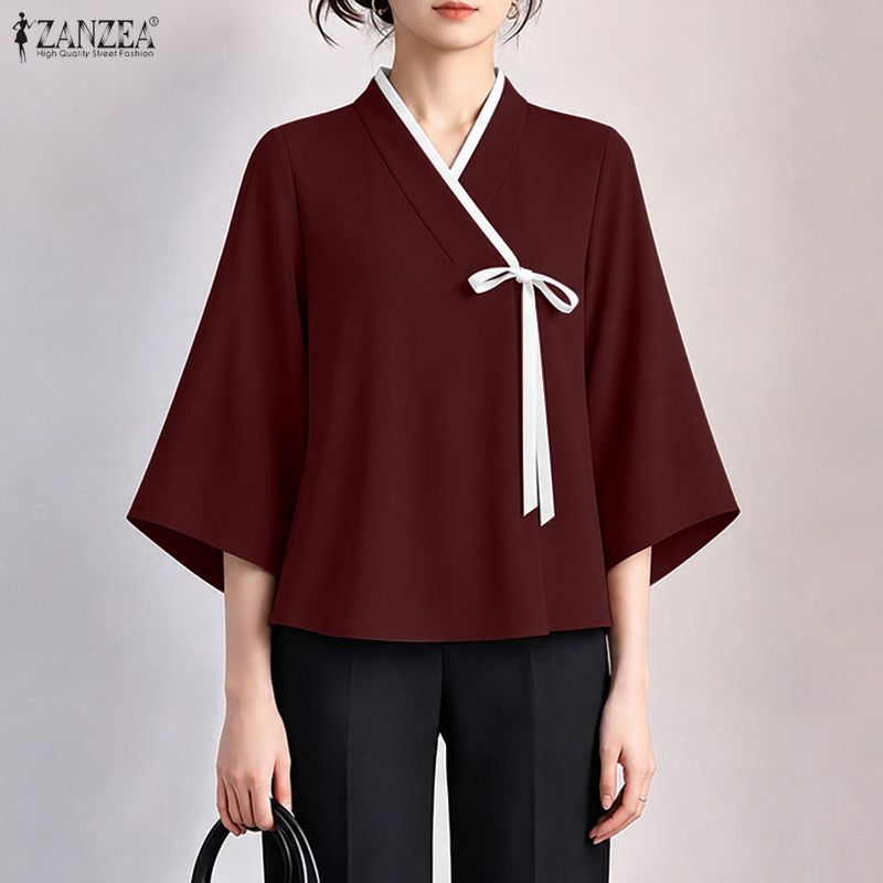 Tie Front Shirt - بلوزة نسائية من ZANZEA بأسلوب صيني،